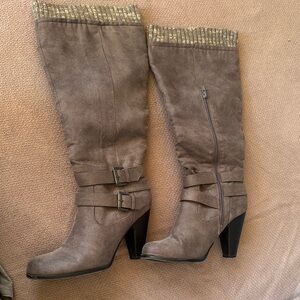 JustFab Brown Heeled Boots with High Tapered Heel and Suede Material